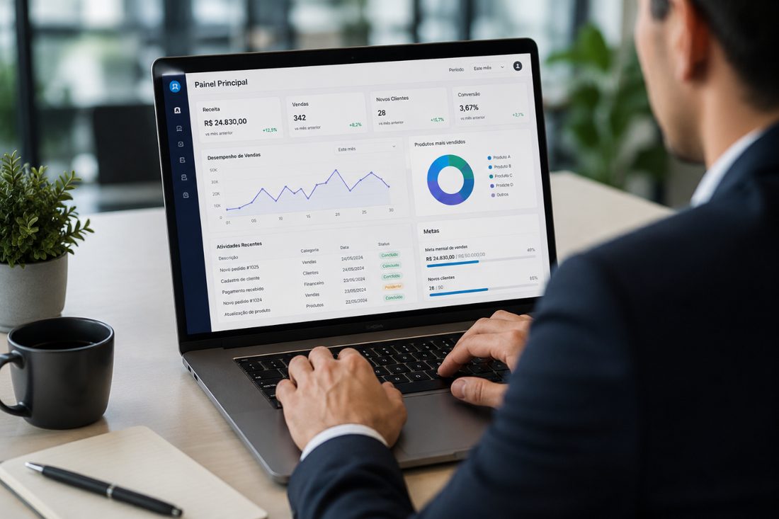 Equipe analisando dashboards para simplificar processos de gestão empresarial